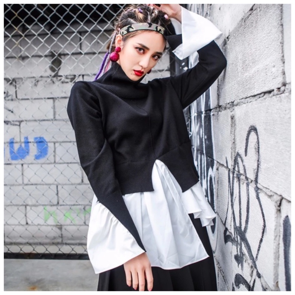 🎁 Black & White Asymmetrical Tail Sweater Top - Picture 6 of 6